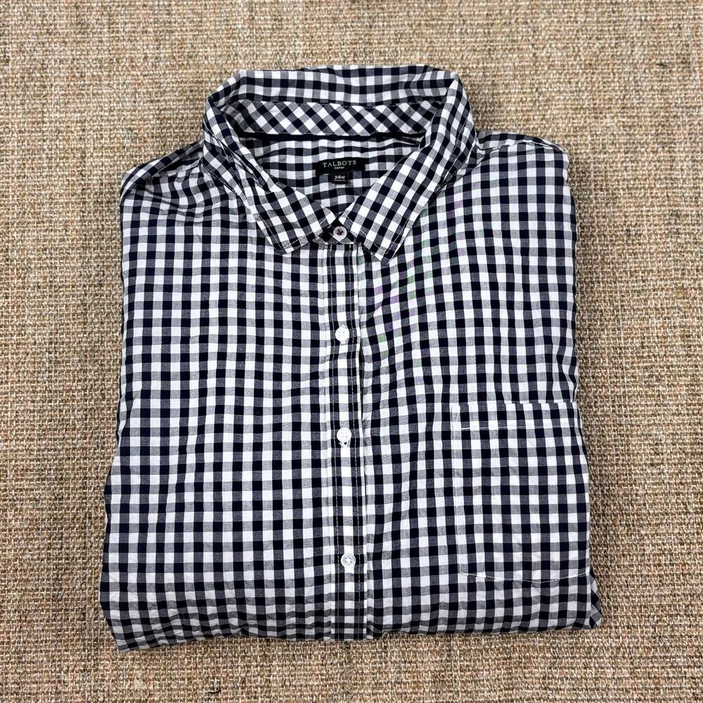 🔷 Talbots Woman Navy & White Gingham Button Down Shirt | 24W